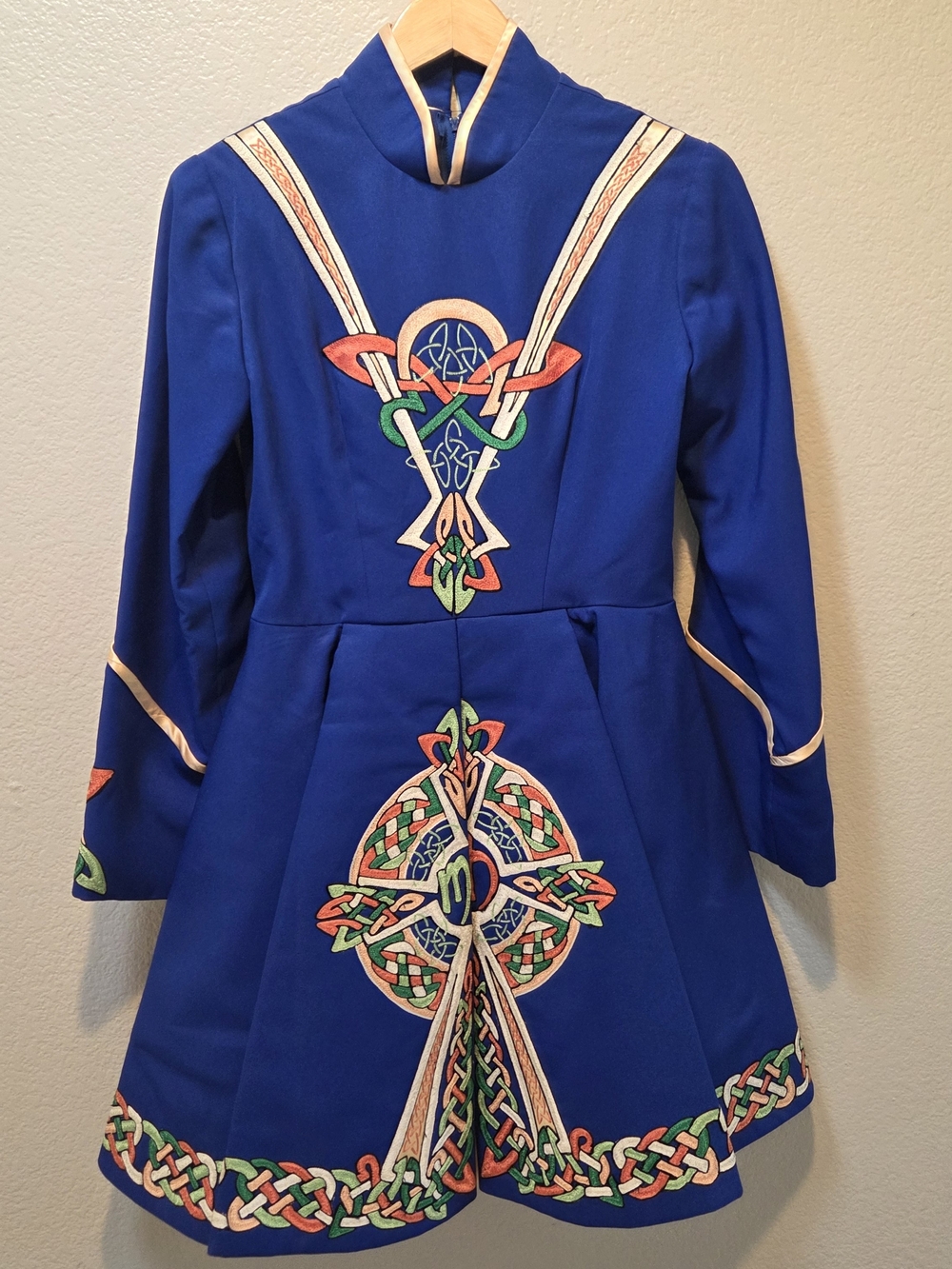 Vintage Irish Dance Solo Dress Celtic Embroidered Royal Blue Brat Cape Celtic